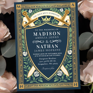 Blue Floral Fantasy Swords Shield Monogram Wedding Inbjudningar