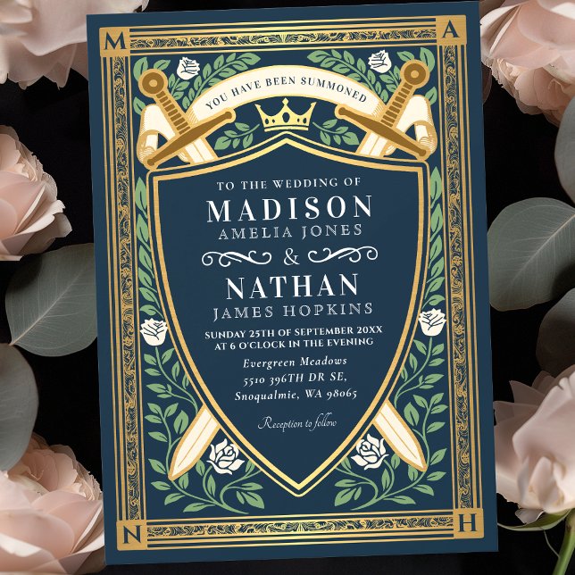 Blue Floral Fantasy Swords Shield Monogram Wedding Inbjudningar (Skapare uppladdad)