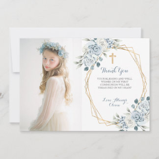 Blue Floral First Communion Thank You Card  Inbjudningar