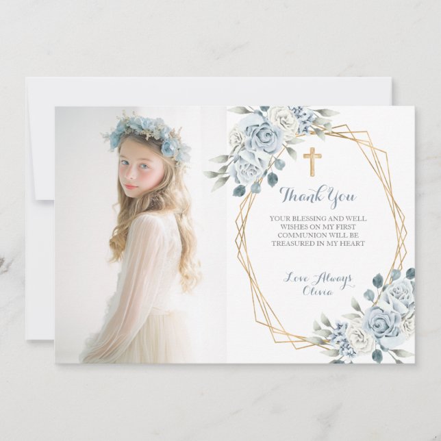 Blue Floral First Communion Thank You Card  Inbjudningar (Framsida)