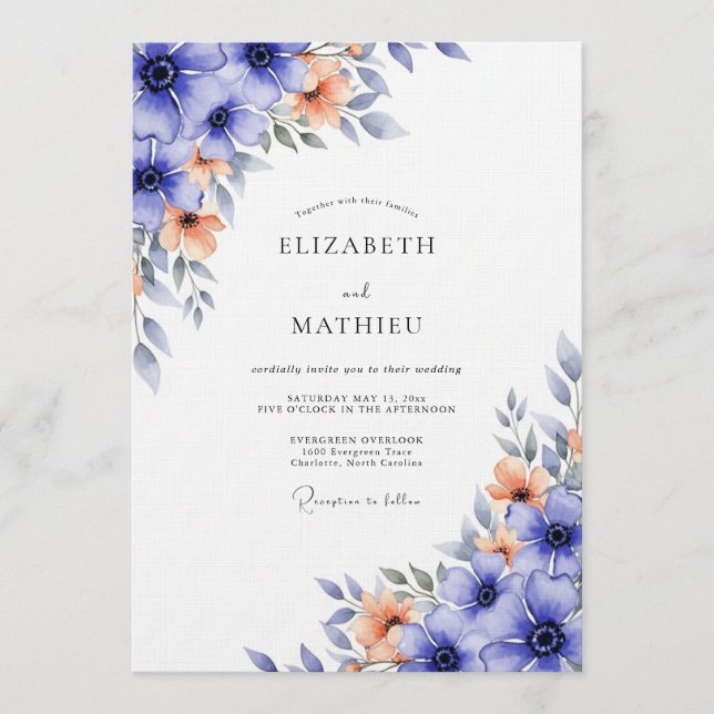 Blue Floral Flourish Wedding Inbjudningar (Framsida)