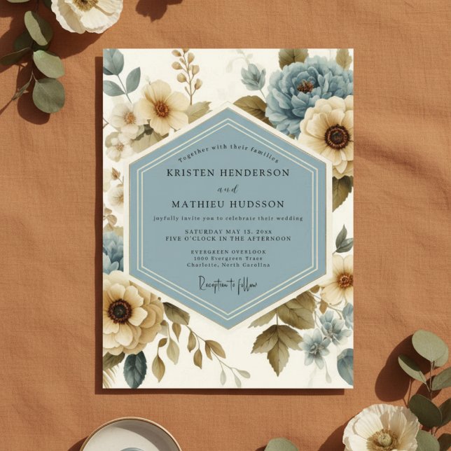 Blue Floral Flourish Wedding Inbjudningar (Skapare uppladdad)