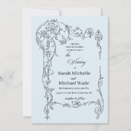 Blue Floral Frame Calligraphy Wedding Invitation Inbjudningar