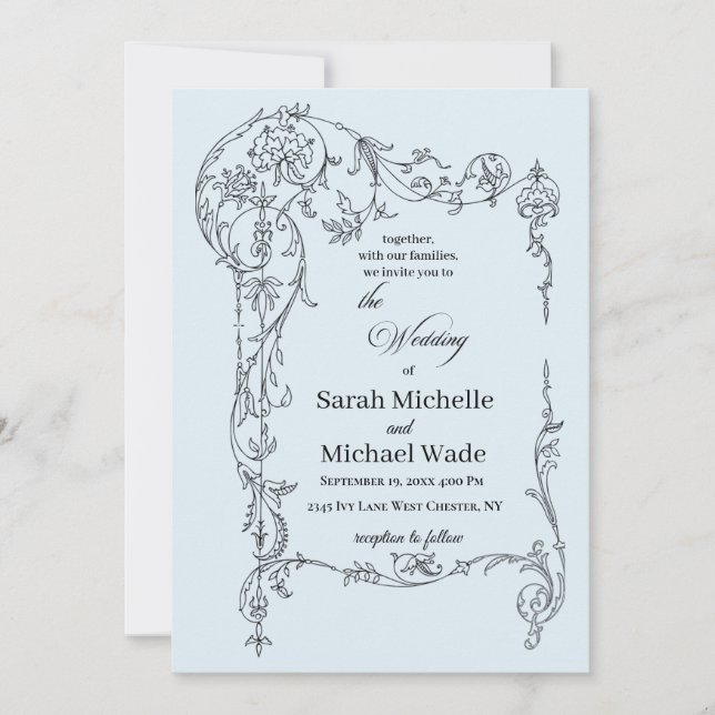 Blue Floral Frame Calligraphy Wedding Invitation Inbjudningar (Framsida)