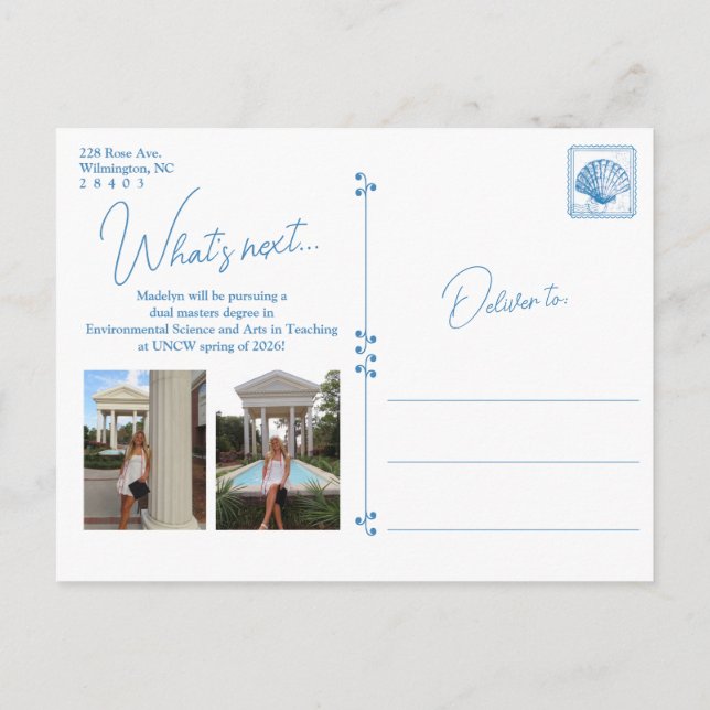 Blue Floral Frame Coastal Graduation Postcard Vykort (Baksida)