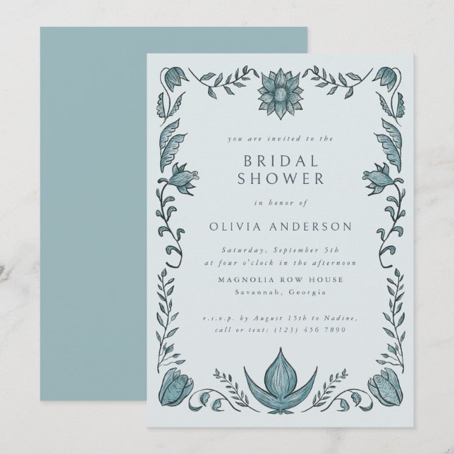 Blue Floral Frame Spring Summer Bridal Shower Inbjudningar (Fram/baksida)