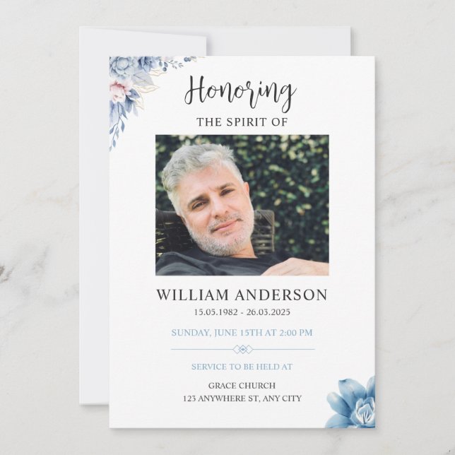 Blue Floral Funeral Invitation Celebration of Life Inbjudningar (Framsida)