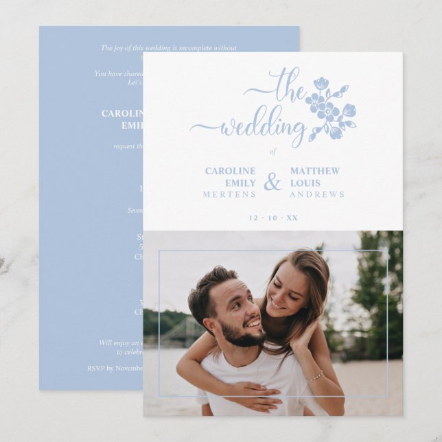 Blue Floral Garland Photo Card Couple Wedding Inbjudningar (Fram/baksida)
