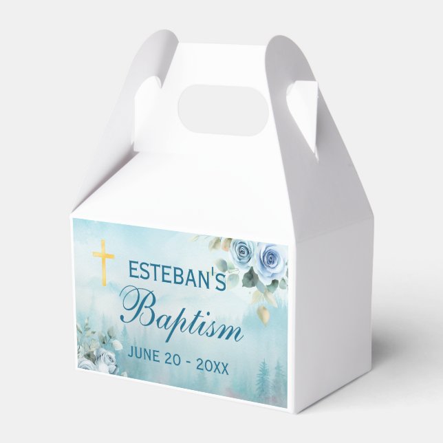 Blue Floral Gold Cross Christening Box Presentaskar (Framsidan Sidan)