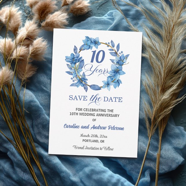 Blue Floral Gold Frame 10th Wedding Anniversary Spara Datumet (Skapare uppladdad)