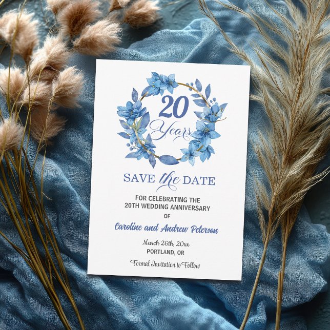 Blue Floral Gold Frame 20th Wedding Anniversary Spara Datumet (Skapare uppladdad)