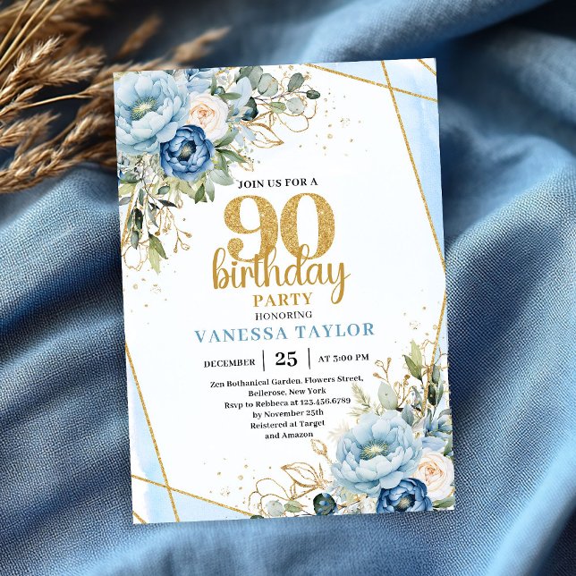 Blue Floral Gold Frame Elegant 90th Birthday  Inbjudningar (Blue Floral Gold Frame Elegant 90th Birthday Invite)