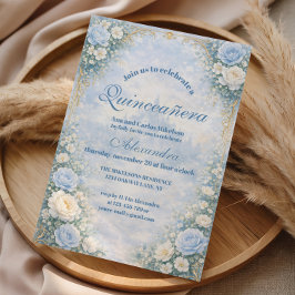 Blue Floral Gold Garden Quinceañera Inbjudningar