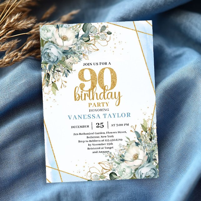 Blue Floral Gold Shine 90th Birthday Invite Card Inbjudningar (Blue Floral Gold Shine 90th Birthday Invite Card)