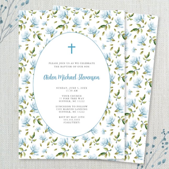 Blue Floral Grandmillenial baptism invitation Inbjudningar (Skapare uppladdad)