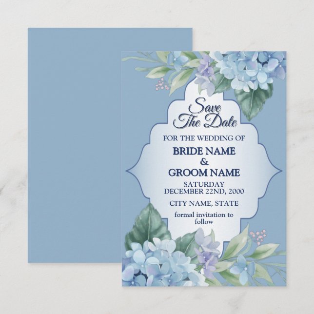 Blue Floral Green Leaves Frame Elegant Wedding Spara Datumet (Fram/baksida)