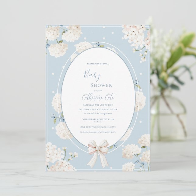 Blue Floral Hydrangea Elegant Baby Shower Inbjudningar (Stående Fram)