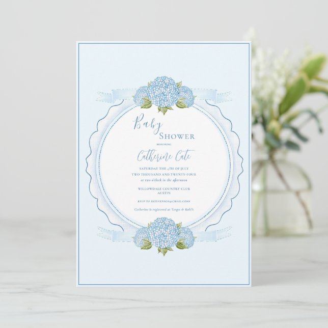 Blue Floral Hydrangea Elegant Baby Shower  Inbjudningar (Stående Fram)
