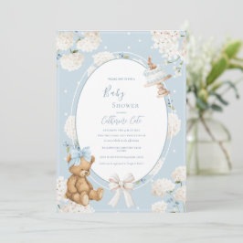 Blue Floral Hydrangea Elegant Bear Baby Shower Inbjudningar