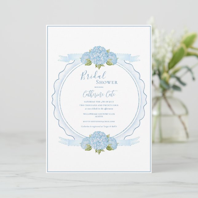 Blue Floral Hydrangea Elegant Bridal Shower  Inbjudningar (Stående Fram)