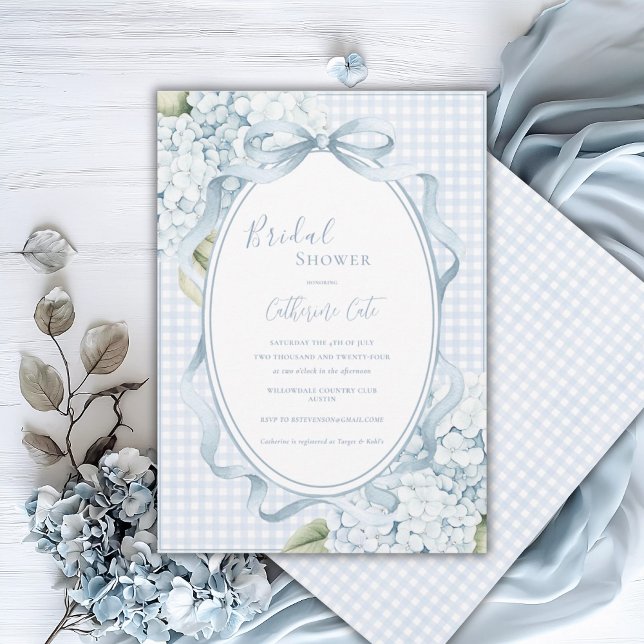 Blue Floral Hydrangeas Gingham Whimsical Bridal Inbjudningar (Skapare uppladdad)
