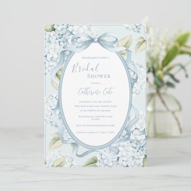 Blue Floral Hydrangeas Whimsical Bridal Inbjudningar (Stående Fram)