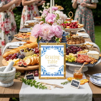 blue floral leaves "Grazing Table"  Sign Inbjudningar