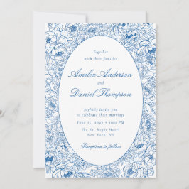 Blue Floral Line Art Wedding Invitation Inbjudningar