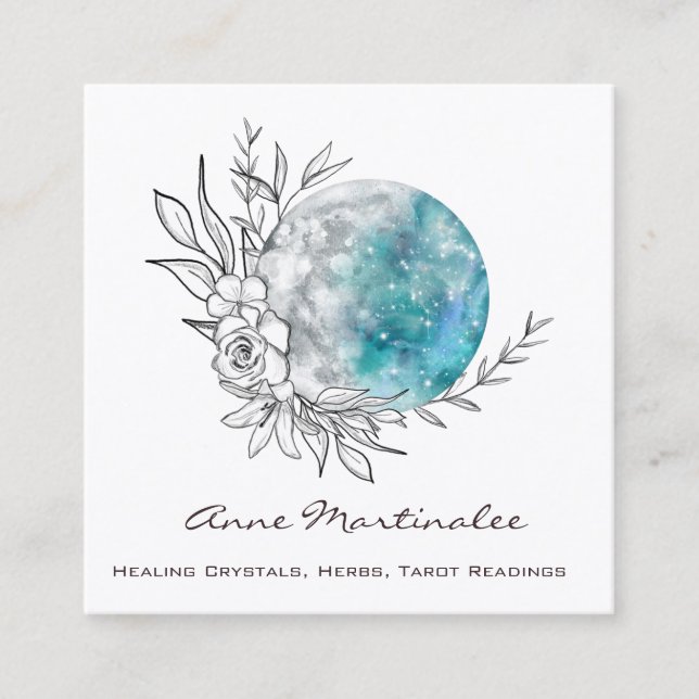 Blue Floral Moon Square Business Card Fyrkantigt Visitkort (Framsida)