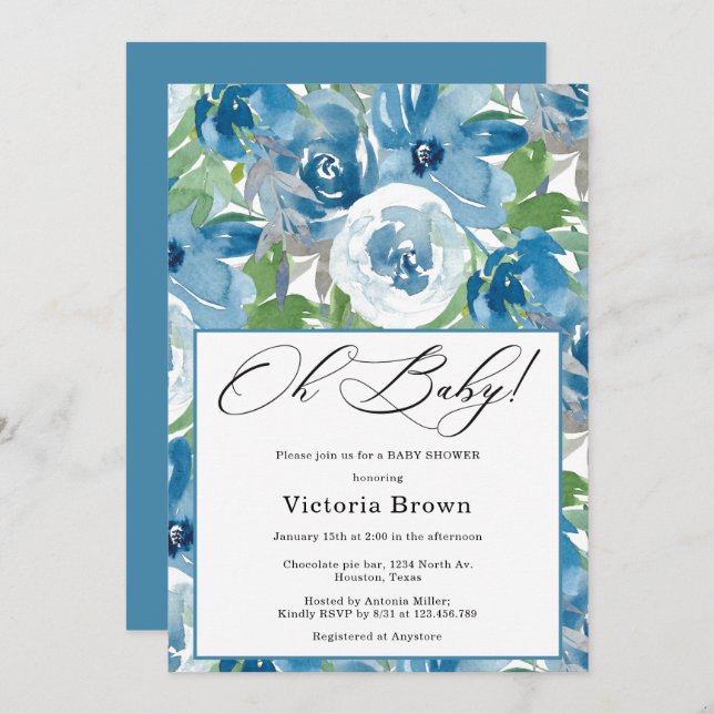 Blue Floral Oh Baby Shower Invitation Inbjudningar (Fram/baksida)