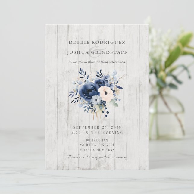 Blue Floral on Wood Wedding Invitation  Inbjudningar (Stående Fram)