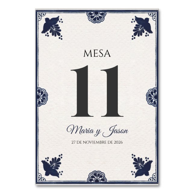 Blue Floral Otomi Simple Fiesta Spanish Wedding Bordsnummer (Framsidan)