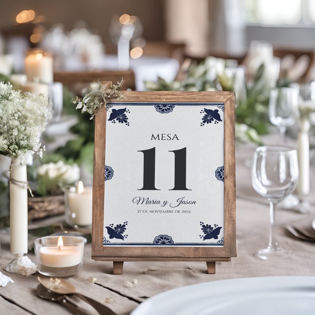 Blue Floral Otomi Simple Fiesta Spanish Wedding Bordsnummer (Blue Floral Otomi Simple Fiesta Spanish Wedding Table Number)