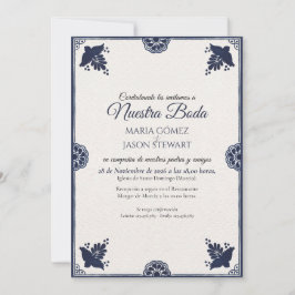 Blue Floral Otomi Simple Fiesta Spanish Wedding Inbjudningar