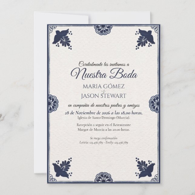 Blue Floral Otomi Simple Fiesta Spanish Wedding Inbjudningar (Framsida)
