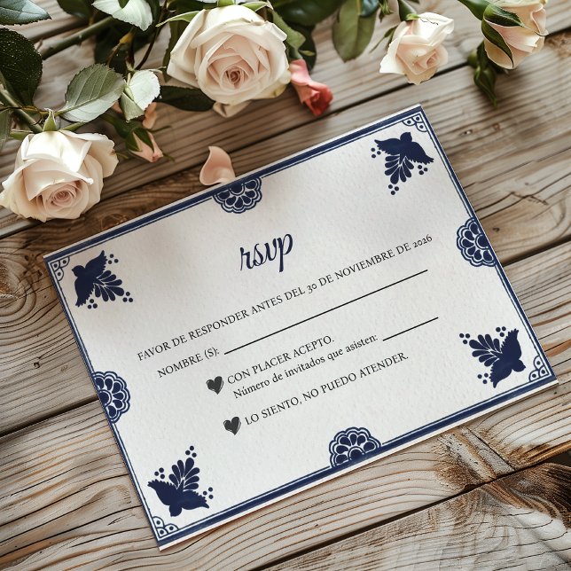 Blue Floral Otomi Simple Fiesta Spanish Wedding OSA Kort (Blue Floral Otomi Simple Fiesta Spanish Wedding RSVP Card)