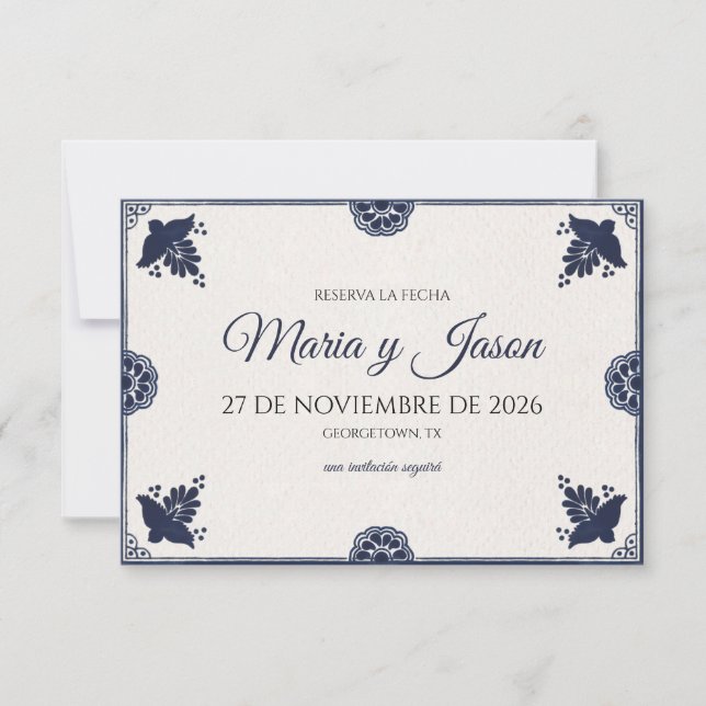 Blue Floral Otomi Simple Fiesta Spanish Wedding Spara Datumet (Framsida)