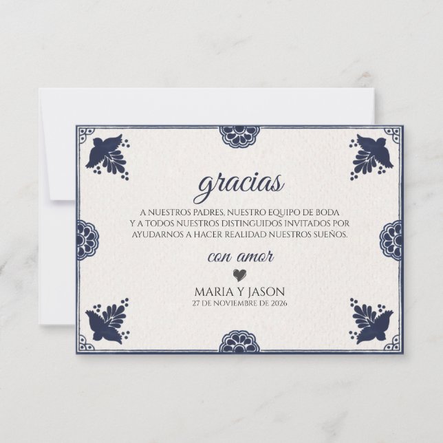 Blue Floral Otomi Simple Fiesta Spanish Wedding Tack Kort (Framsida)
