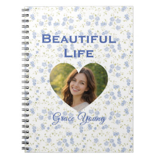 Blue Floral Pattern Heart Photo Frame Design Anteckningsbok