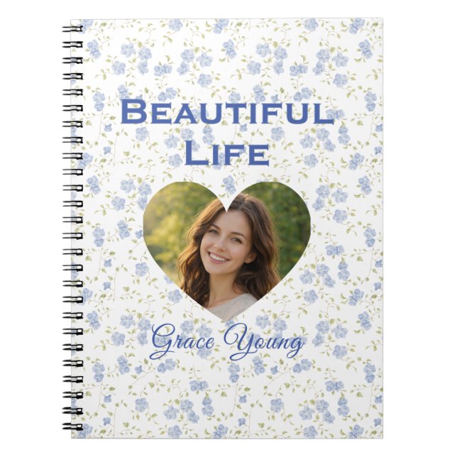 Blue Floral Pattern Heart Photo Frame Design Anteckningsbok (Framsidan)