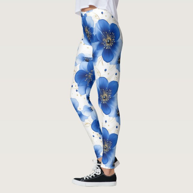 Blue Floral Pattern with Gold Accents Leggings (Vänster)