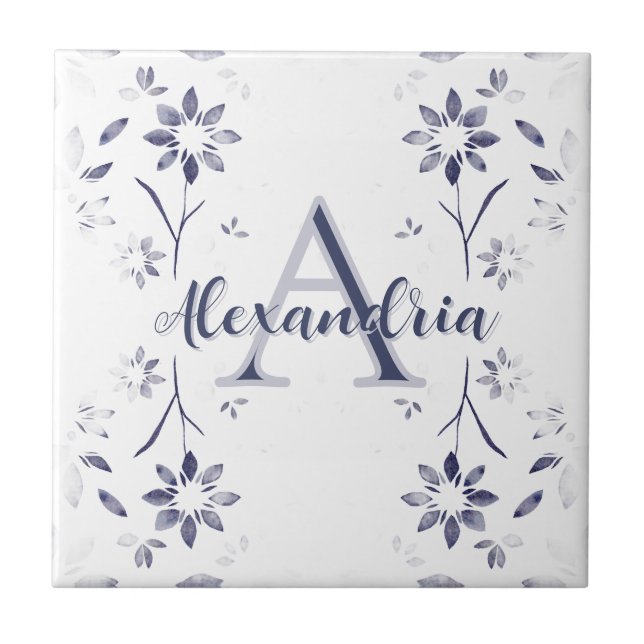 Blue Floral Personalized Monogram Name Kakelplatta (Framsidan)