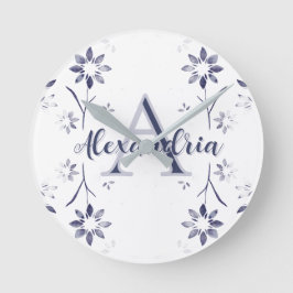 Blue Floral Personalized Monogram Name Rund Klocka