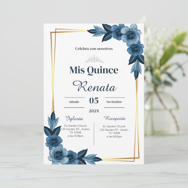 Blue Floral Quinceañera Spanish  Inbjudningar (Stående Fram)