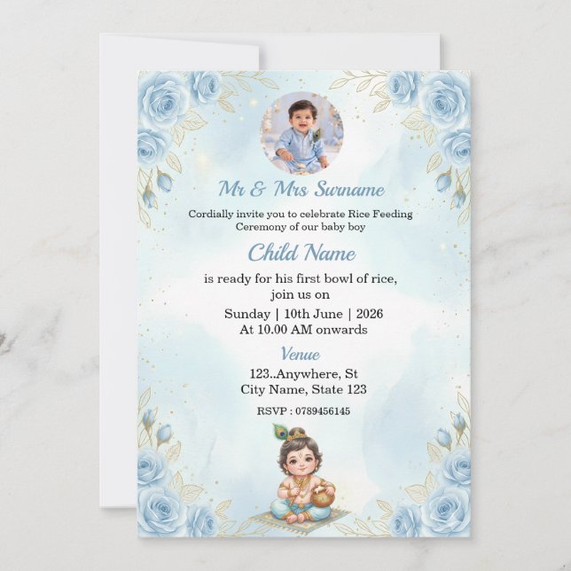 Blue Floral Rice Feeding Ceremony Invitation Inbjudningar (Framsida)