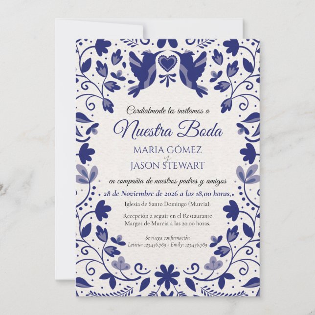 Blue Floral Romantic Aesthetic Spanish Wedding Inbjudningar (Framsida)