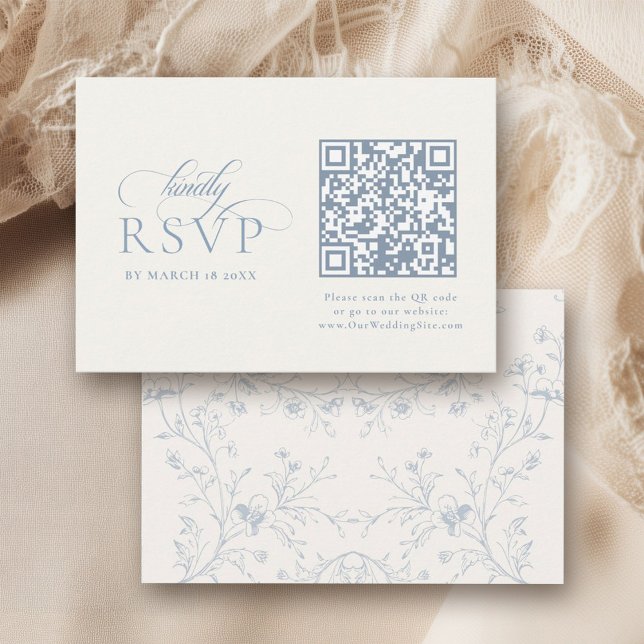 Blue Floral Romantic Calligraphy with QR Code OSA Kort (Skapare uppladdad)
