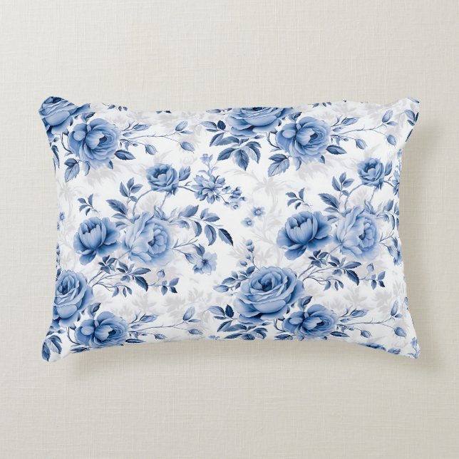 Blue Floral Rose Pattern Throw Pillow Prydnadskudde (Framsidan)