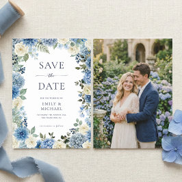 Blue Floral Save The Date With Photo Flat Card Inbjudningar