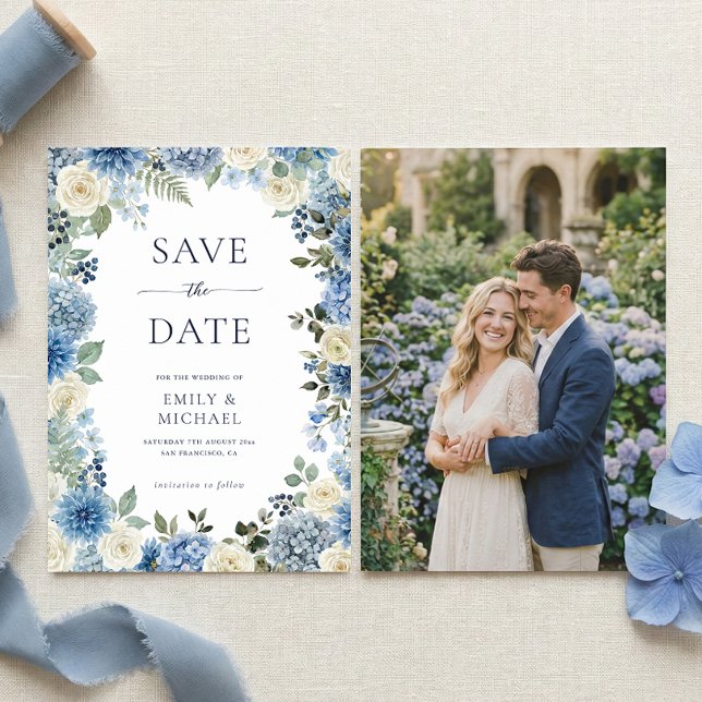 Blue Floral Save The Date With Photo Flat Card Inbjudningar (Skapare uppladdad)